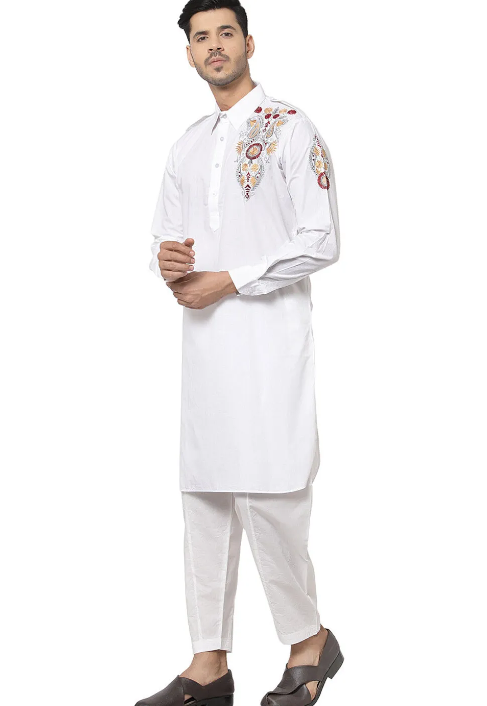 Embroidered Cotton Pathani Suit in White