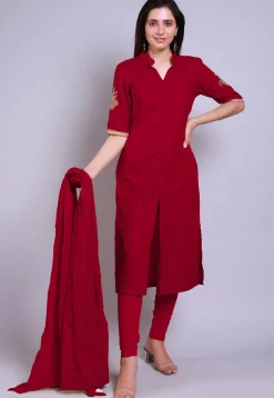 Embroidered Cotton Princess Cut Straight Suit in Red