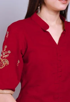 Embroidered Cotton Princess Cut Straight Suit in Red