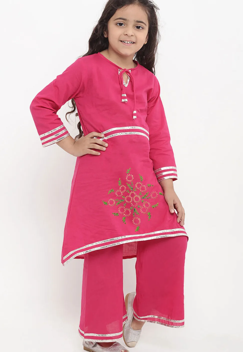 Embroidered Cotton Rayon A Line Kurta Set in Pink