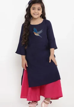 Embroidered Cotton Rayon Straight Kurta Set in Navy Blue