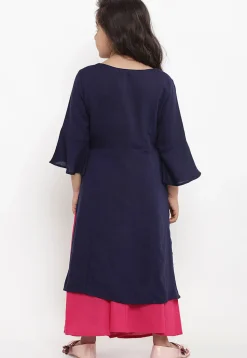 Embroidered Cotton Rayon Straight Kurta Set in Navy Blue