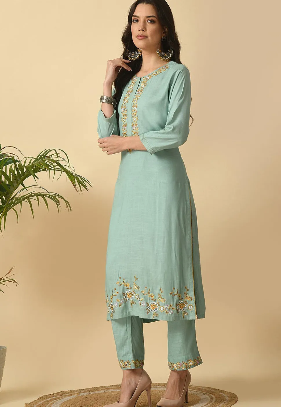 Embroidered Cotton Rayon Straight Kurta Set in Sea Green