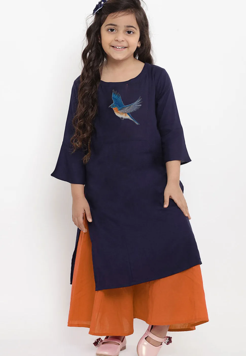Embroidered Cotton Rayon Straight Kurta Set in Navy Blue