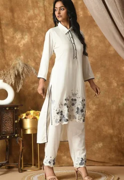 Embroidered Cotton Rayon High Low Kurta Set in Off White