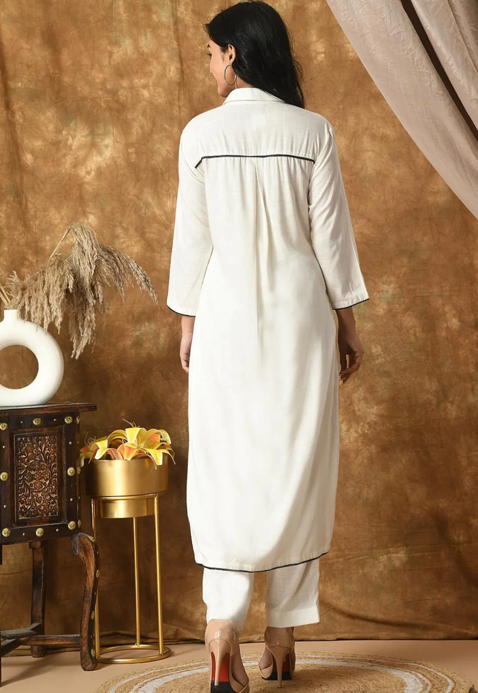Embroidered Cotton Rayon High Low Kurta Set in Off White
