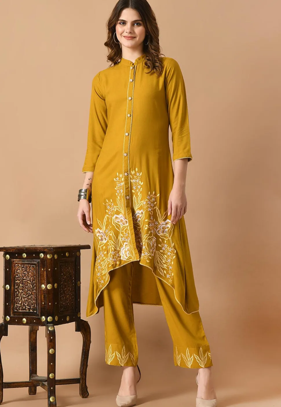 Embroidered Cotton Rayon High Low Kurta Set in Mustard