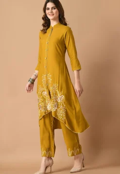 Embroidered Cotton Rayon High Low Kurta Set in Mustard