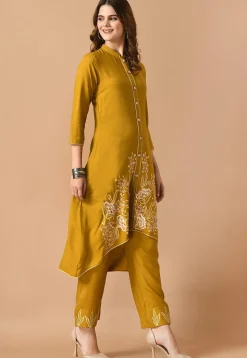 Embroidered Cotton Rayon High Low Kurta Set in Mustard