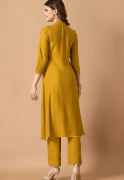 Embroidered Cotton Rayon High Low Kurta Set in Mustard