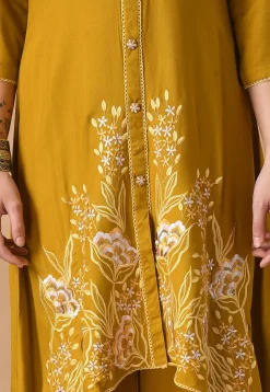 Embroidered Cotton Rayon High Low Kurta Set in Mustard