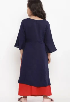 Embroidered Cotton Rayon Straight Kurta Set in Navy Blue