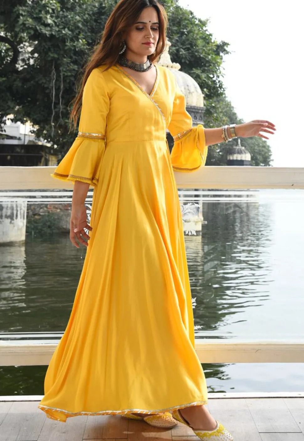 Embroidered Cotton Rayon Maxi Dress Set in Yellow
