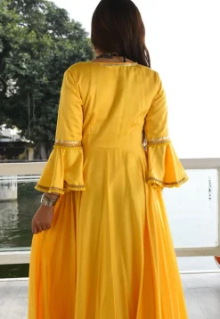 Embroidered Cotton Rayon Maxi Dress Set in Yellow