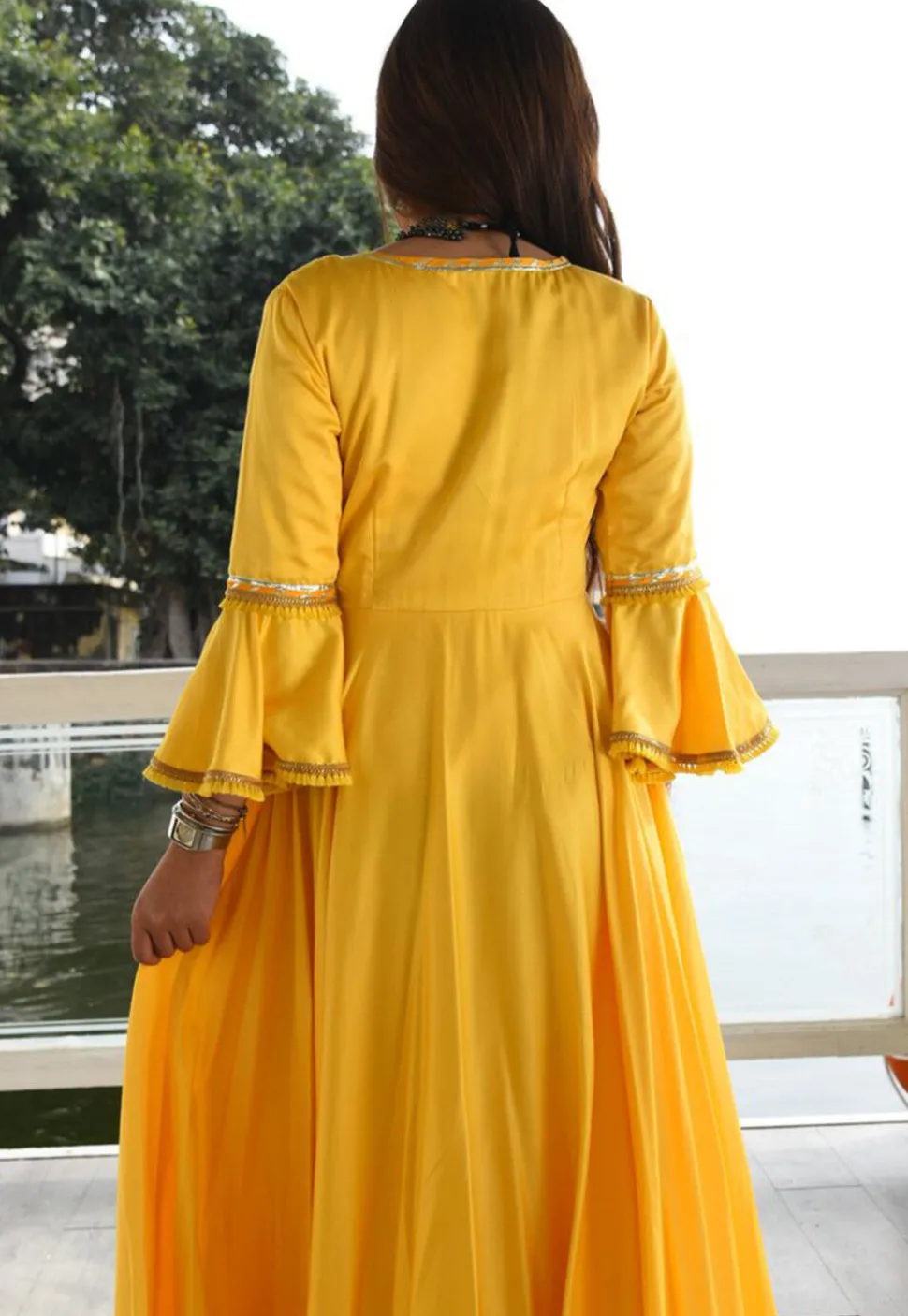 Embroidered Cotton Rayon Maxi Dress Set in Yellow