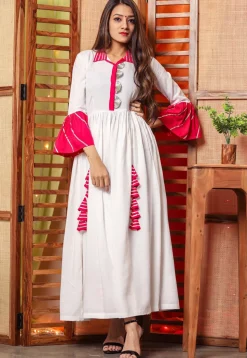 Embroidered Cotton Rayon Maxi Dress Set in White