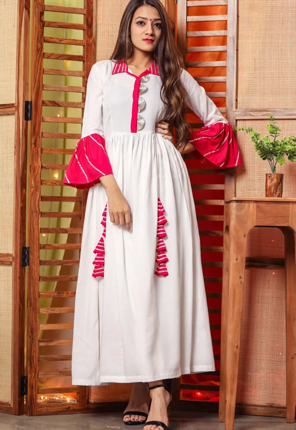 Embroidered Cotton Rayon Maxi Dress Set in White