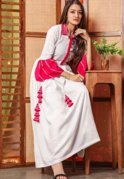 Embroidered Cotton Rayon Maxi Dress Set in White