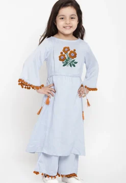 Embroidered Cotton Rayon A Line Kurta Set in Light Blue