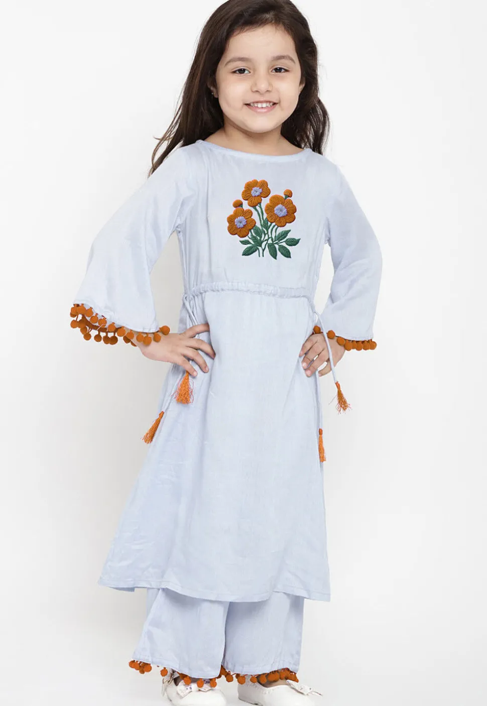 Embroidered Cotton Rayon A Line Kurta Set in Light Blue