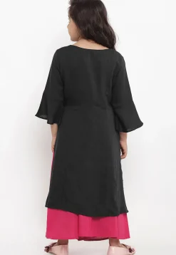 Embroidered Cotton Rayon Straight Kurta Set in Black