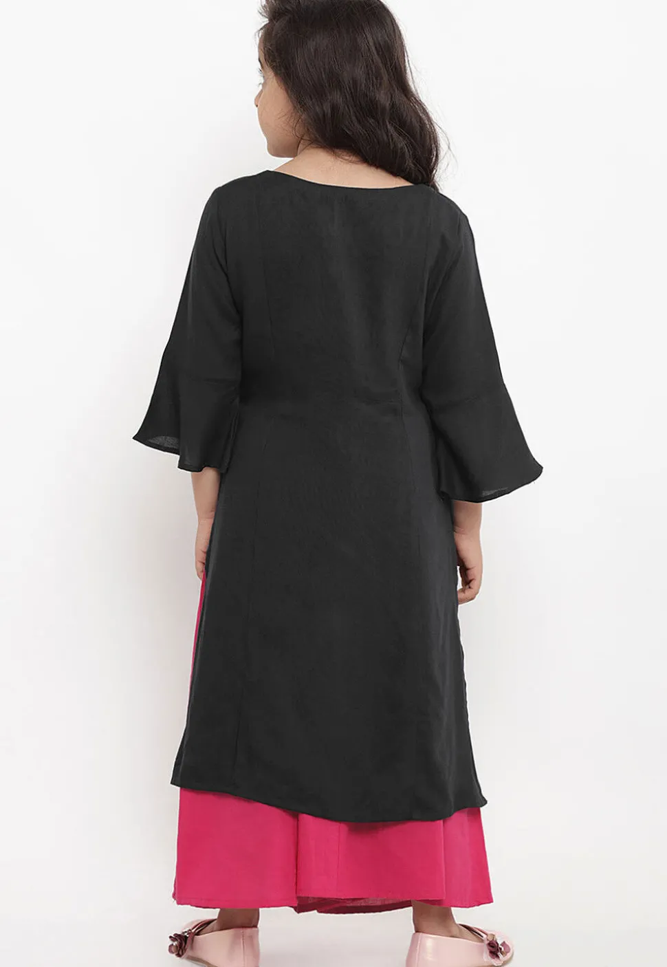 Embroidered Cotton Rayon Straight Kurta Set in Black