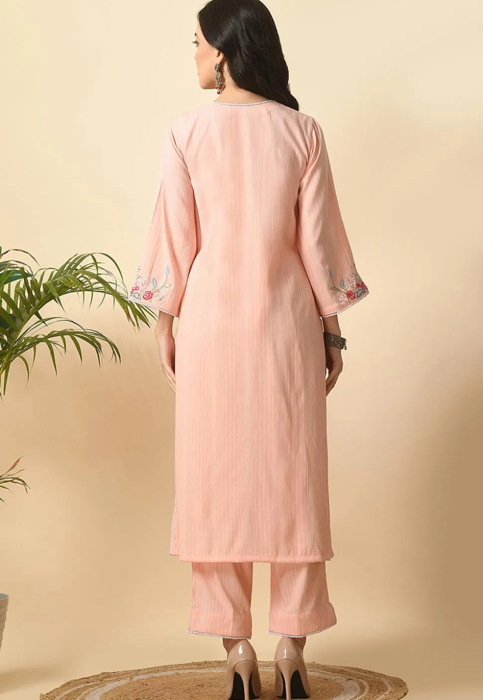 Embroidered Cotton Rayon Straight Kurta Set in Peach