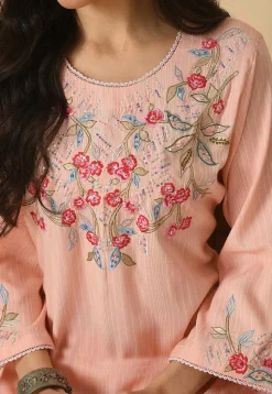 Embroidered Cotton Rayon Straight Kurta Set in Peach