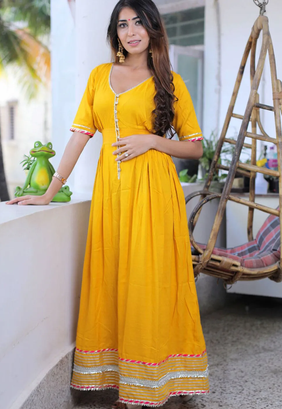 Embroidered Cotton Rayon Maxi Dress Set in Yellow