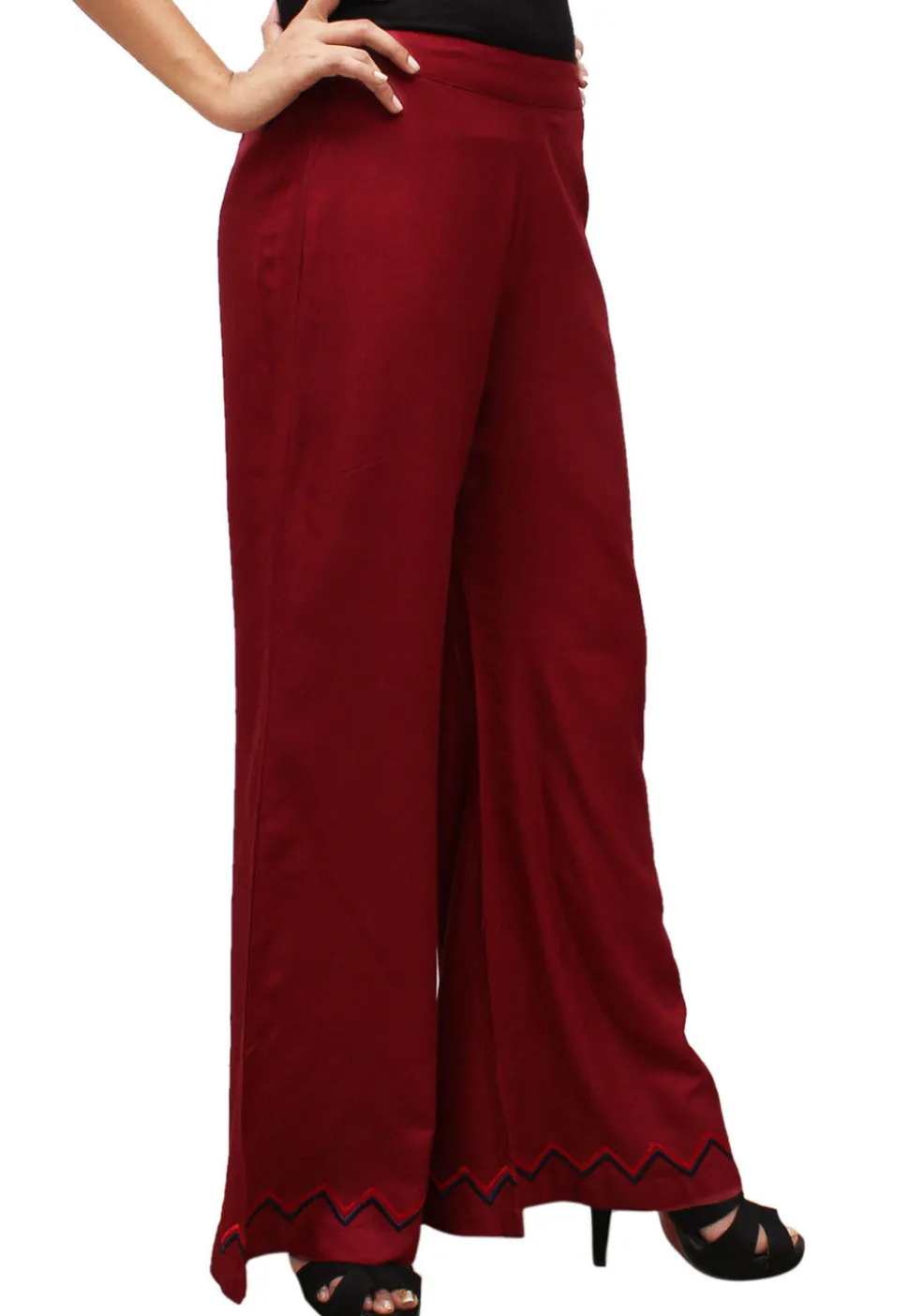 Embroidered Cotton Rayon Palazzo in Maroon
