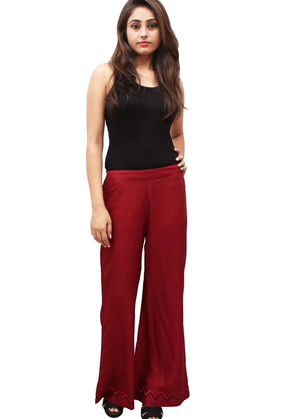 Embroidered Cotton Rayon Palazzo in Maroon