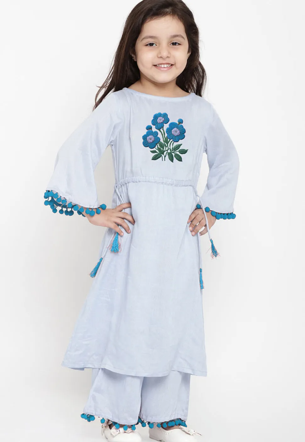Embroidered Cotton Rayon A Line Kurta Set in Light Blue