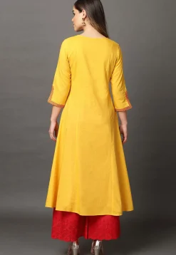 Embroidered Cotton Rayon A Line Kurta in Mustard