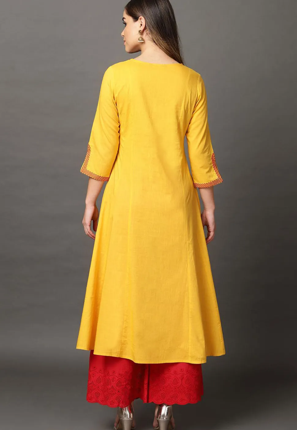 Embroidered Cotton Rayon A Line Kurta in Mustard