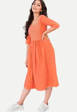 Embroidered Cotton Rayon Aline Dress in Orange