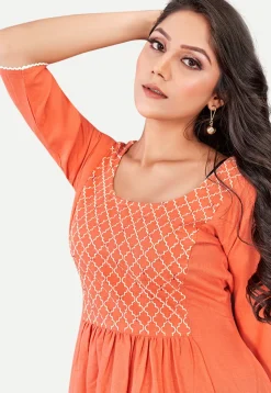 Embroidered Cotton Rayon Aline Dress in Orange
