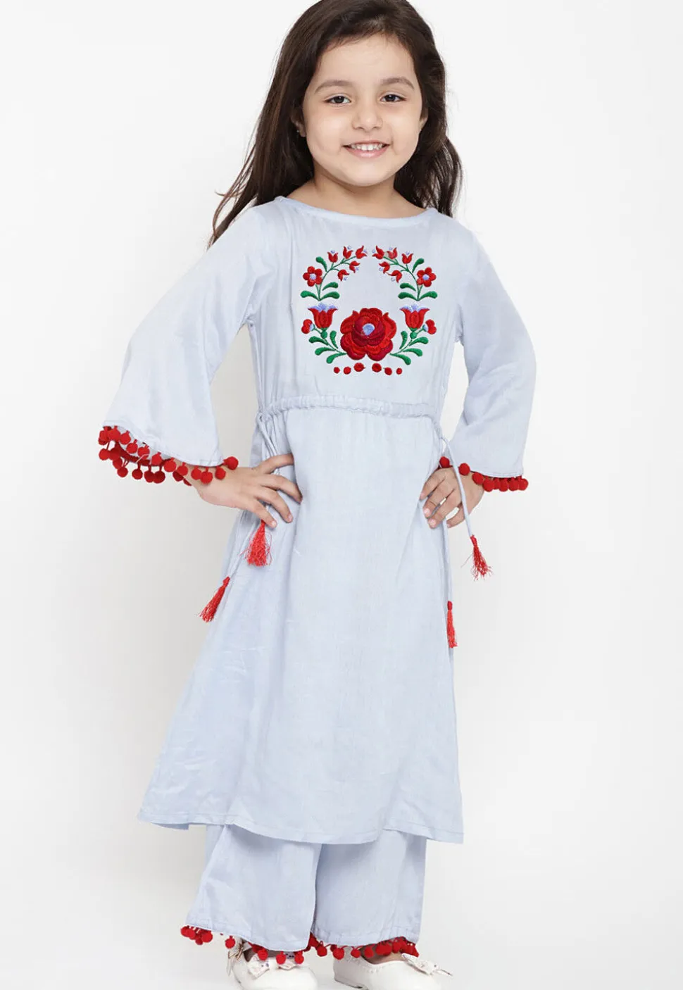 Embroidered Cotton Rayon A Line Kurta Set in Light Blue