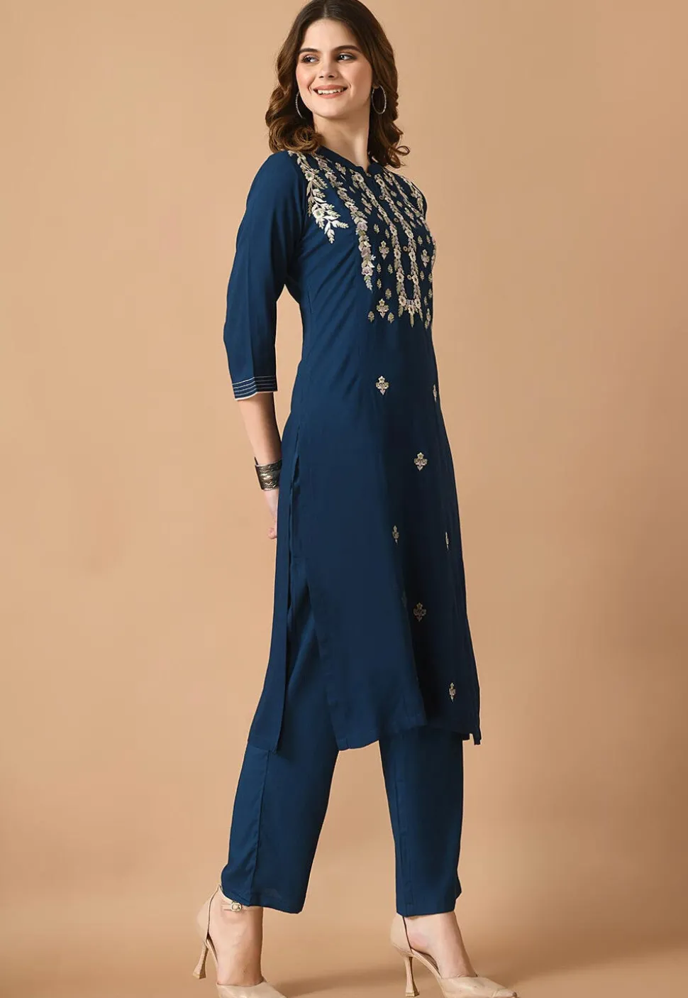 Embroidered Cotton Rayon Straight Kurta Set in Navy Blue