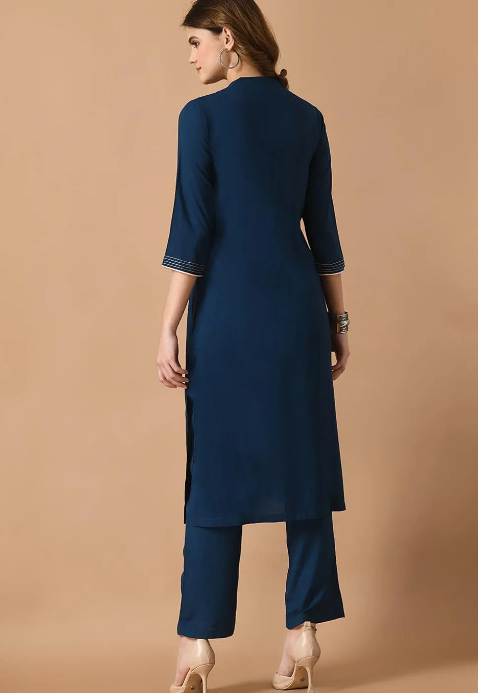 Embroidered Cotton Rayon Straight Kurta Set in Navy Blue