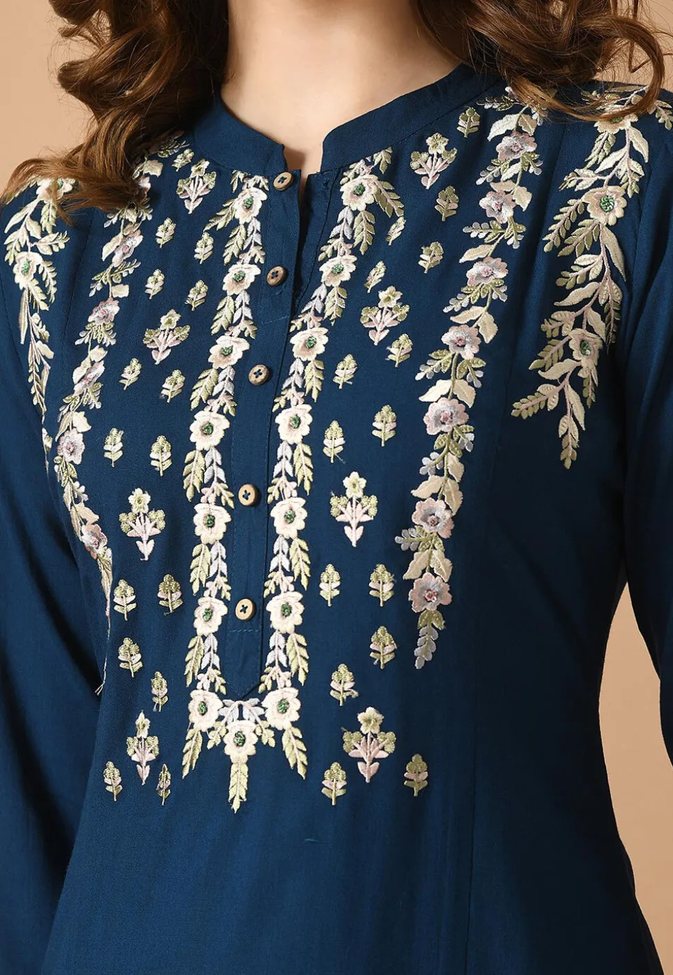 Embroidered Cotton Rayon Straight Kurta Set in Navy Blue