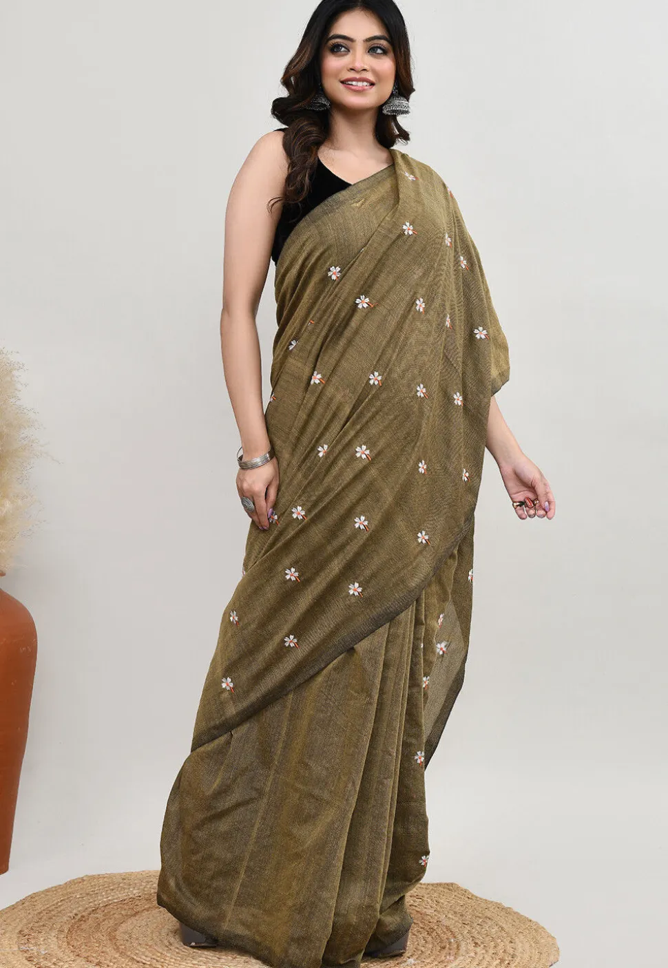 Embroidered Cotton Saree in Dusty Green