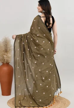 Embroidered Cotton Saree in Dusty Green