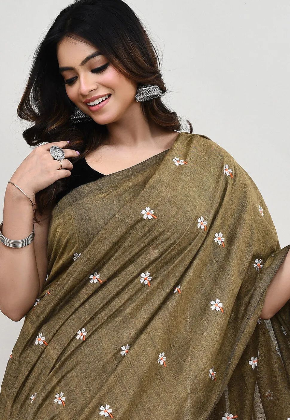 Embroidered Cotton Saree in Dusty Green