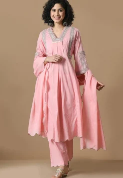 Embroidered Cotton Scalloped Pakistani Suit in Pink