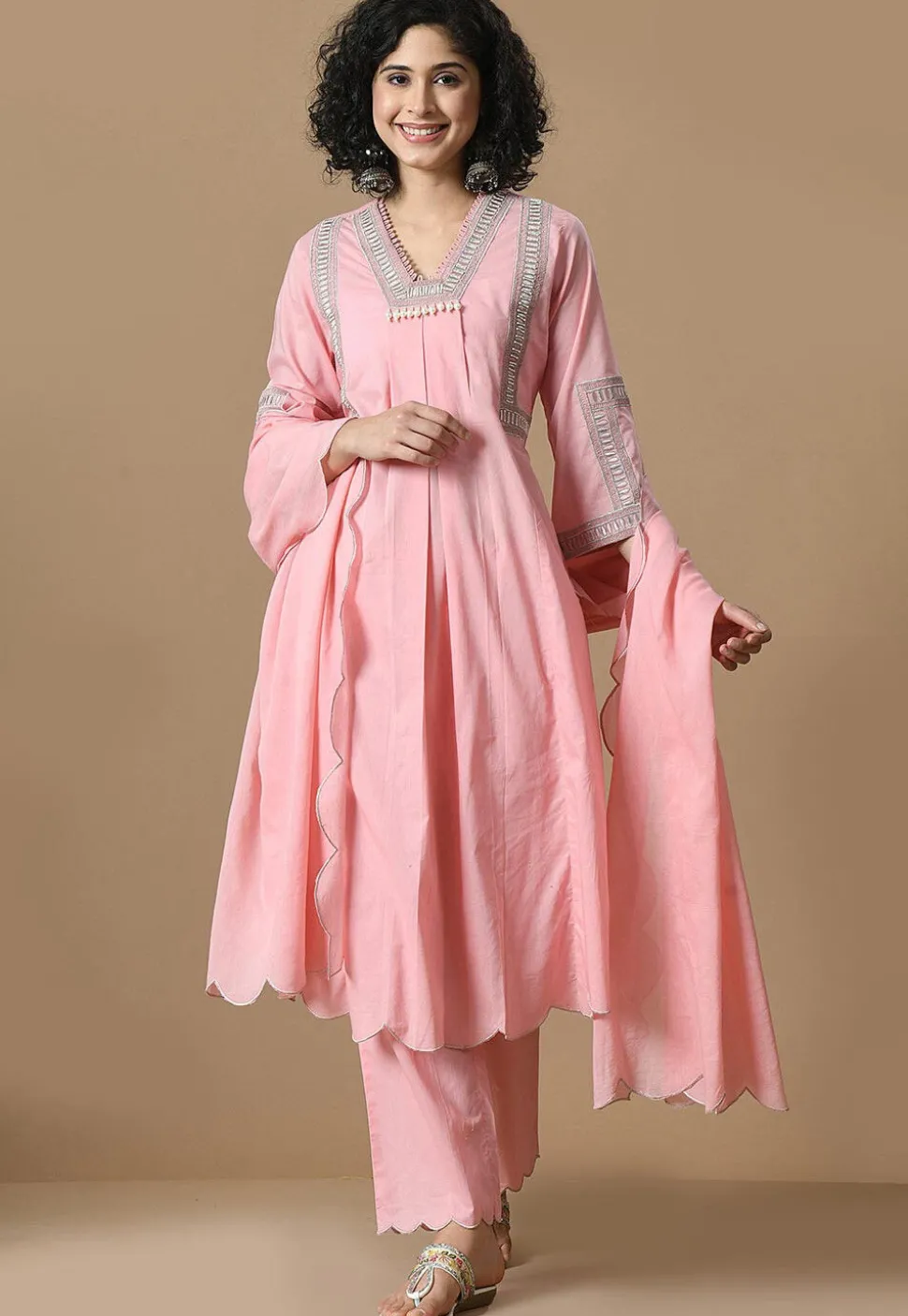 Embroidered Cotton Scalloped Pakistani Suit in Pink