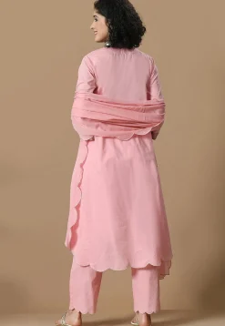 Embroidered Cotton Scalloped Pakistani Suit in Pink