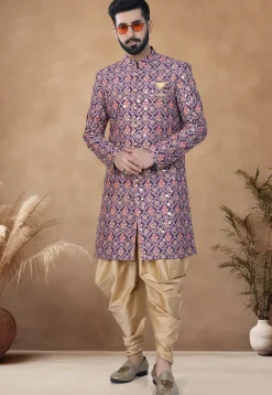Embroidered Cotton Sherwani in Purple