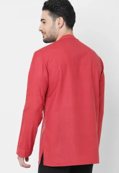 Embroidered Cotton Short Kurta in Coral Red