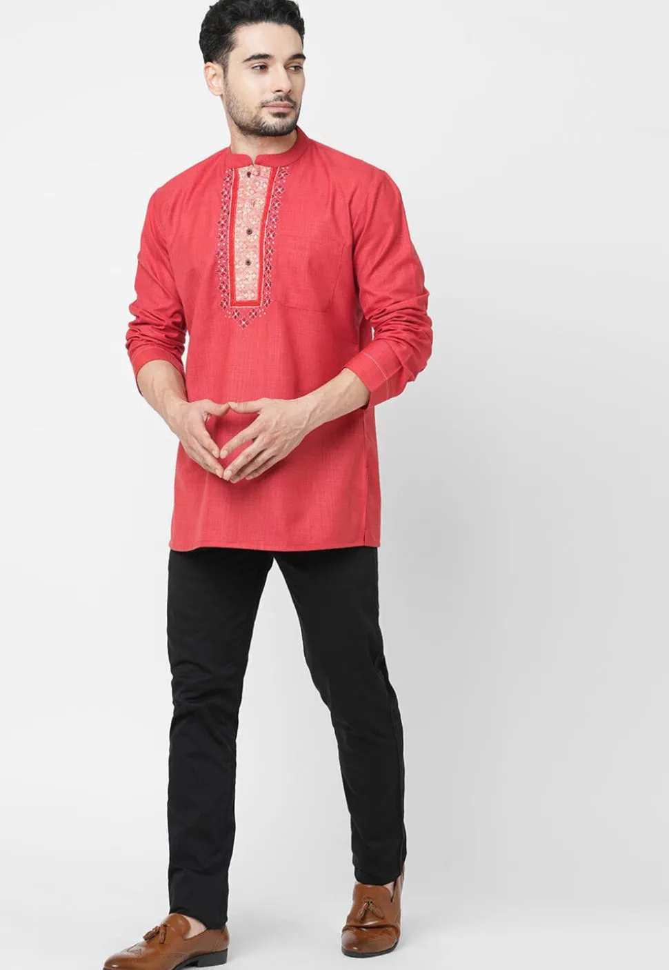 Embroidered Cotton Short Kurta in Coral Red