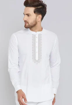 Embroidered Cotton Short Kurta in White